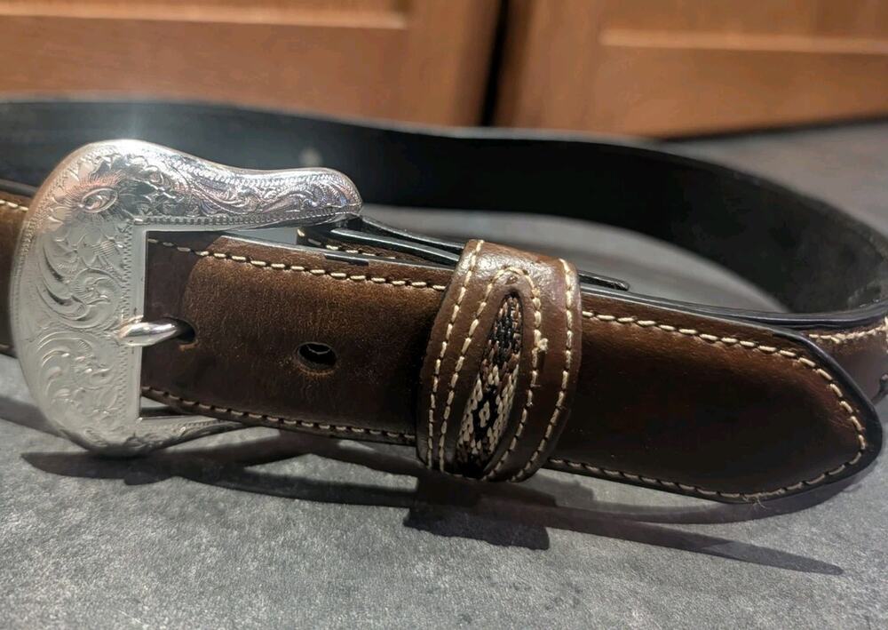 Nocona Belt Men's 48 Genuine Leather Brown Aztec Fabric Silver Ornate Taiwan